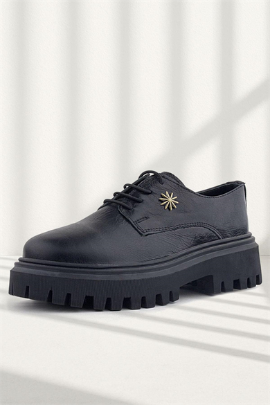 Rakerplus Siyah Kırışık Hakiki Deri Bağcıklı Toka Detaylı Kız Çocuk Oxford Ayakkabı