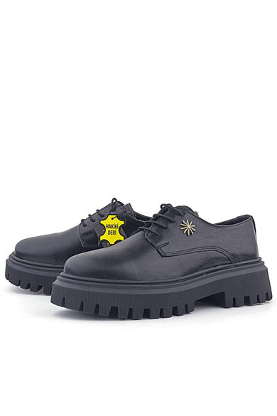 Rakerplus Siyah Kırışık Hakiki Deri Bağcıklı Toka Detaylı Kız Çocuk Oxford Ayakkabı