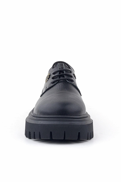 Rakerplus Siyah Kırışık Hakiki Deri Bağcıklı Toka Detaylı Kız Çocuk Oxford Ayakkabı