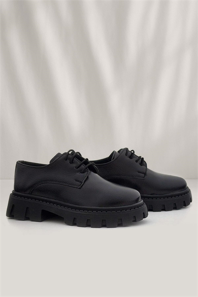 Rakerplus Siyah Kırışık Rugan Bağcıklı Kız Çocuk Oxford Okul Ayakkabı