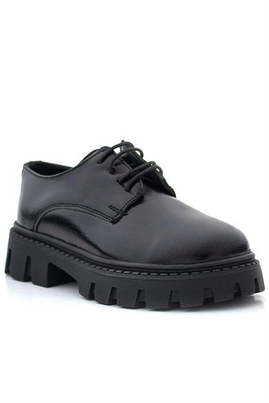 Rakerplus Siyah Kırışık Rugan Bağcıklı Kız Çocuk Oxford Okul Ayakkabı