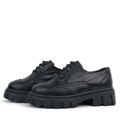 Rakerplus Siyah Kırışık Rugan Hakiki Deri Bağcıklı Oxford Günlük Ayakkabı