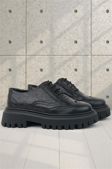 Rakerplus Siyah Kırışık Rugan Hakiki Deri Bağcıklı Oxford Günlük Ayakkabı