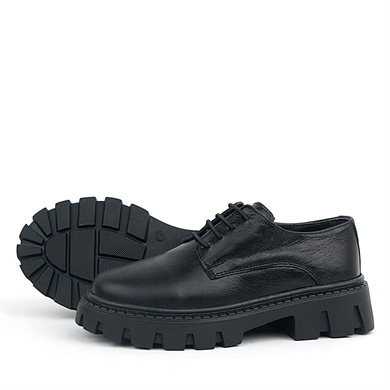 Rakerplus Siyah Kırışık Rugan Hakiki Deri Bağcıklı Kız Çocuk Oxford Okul Ayakkabı