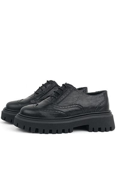 Rakerplus Siyah Kırışık Rugan Hakiki Deri Bağcıklı Oxford Günlük Ayakkabı