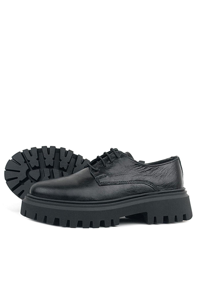 Rakerplus Siyah Kırışık Rugan Hakiki Deri Bağcıklı Kız Çocuk Oxford Okul Ayakkabı