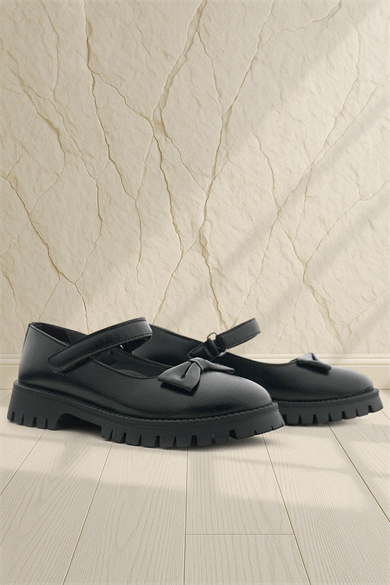 Rakerplus Siyah Kırışık Rugan Kalın Tabanlı Cırtlı Kız Çocuk Babet