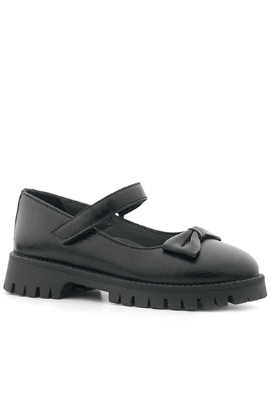 Rakerplus Siyah Kırışık Rugan Kalın Tabanlı Cırtlı Kız Çocuk Babet