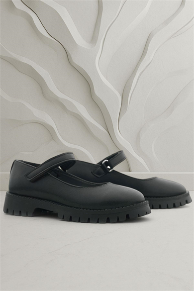 Rakerplus Siyah Mat Cırtlı Kalın Tabanlı Kız Çocuk Okul Ayakkabısı