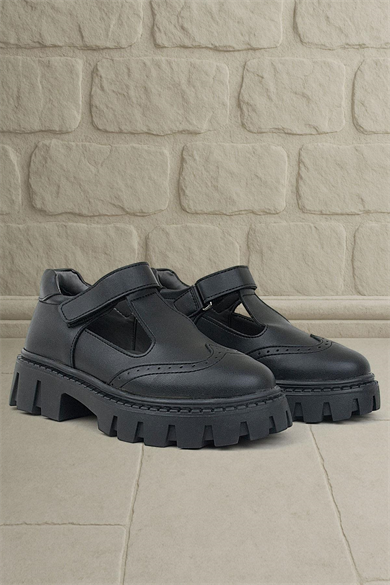 Rakerplus Siyah Mat Cırtlı Kız Çocuk Okul Ayakkabı