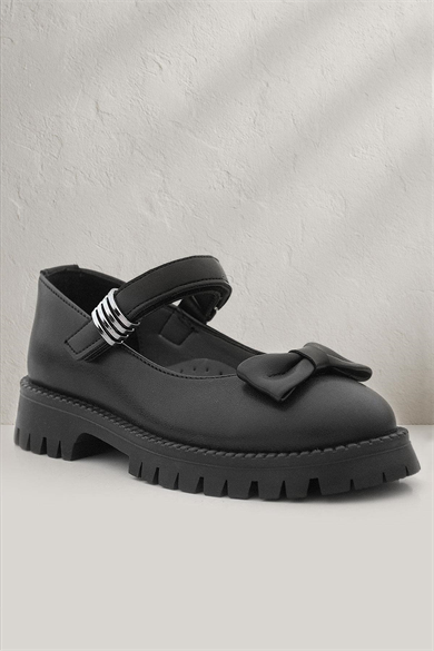 Rakerplus Siyah Mat Kalın Tabanlı Metal Detaylı Cırtlı Kız Çocuk Babet