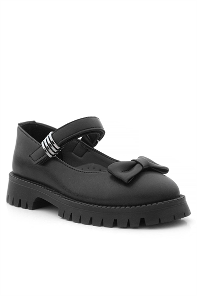 Rakerplus Siyah Mat Kalın Tabanlı Metal Detaylı Cırtlı Kız Çocuk Babet