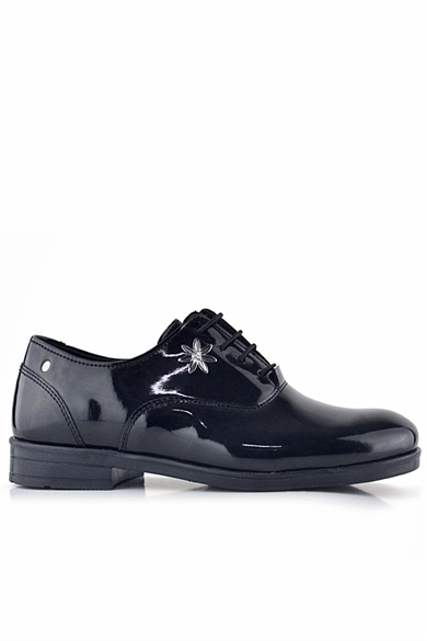 Rakerplus Siyah Rugan Bağcıklı Çiçek Detaylı Çocuk Klasik Ayakkabısı