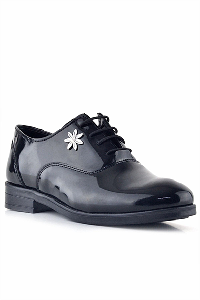 Rakerplus Siyah Rugan Bağcıklı Çiçek Detaylı Çocuk Klasik Ayakkabısı