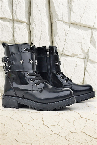 Rakerplus Siyah Rugan Bağcıklı Fermuarlı Yıldız Detaylı Kız Çocuk Bot