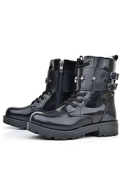 Rakerplus Siyah Rugan Bağcıklı Fermuarlı Yıldız Detaylı Kız Çocuk Bot