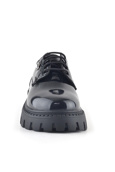 Rakerplus Siyah Rugan Bağcıklı Kız Çocuk Taş Detaylı Okul Ayakkabı