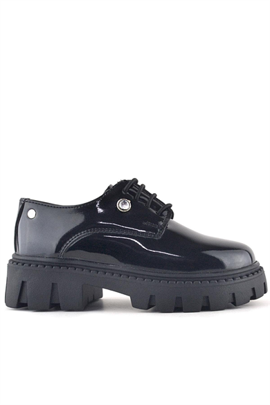 Rakerplus Siyah Rugan Bağcıklı Kız Çocuk Taş Detaylı Okul Ayakkabı