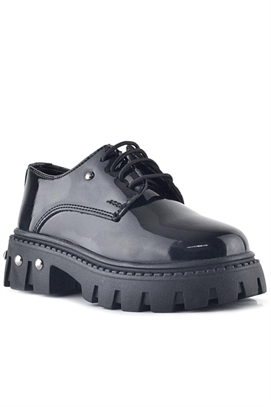 Rakerplus Siyah Rugan Bağcıklı Metal Detaylı Kız Çocuk Oxford Günlük Ayakkabı