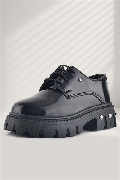 Rakerplus Siyah Rugan Bağcıklı Metal Detaylı Kız Çocuk Oxford Günlük Ayakkabı