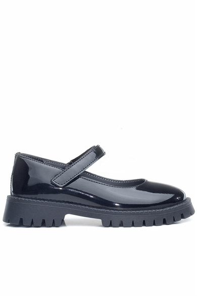 Rakerplus Siyah Rugan Cırtlı Kalın Tabanlı Kız Çocuk Okul Ayakkabısı