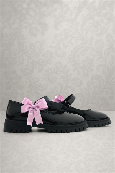 Rakerplus Siyah Rugan Cırtlı Kalın Tabanlı Kurdeleli Kız Çocuk Okul Ayakkabısı