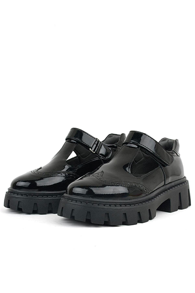 Rakerplus Siyah Rugan Cırtlı Kız Çocuk Okul Ayakkabı