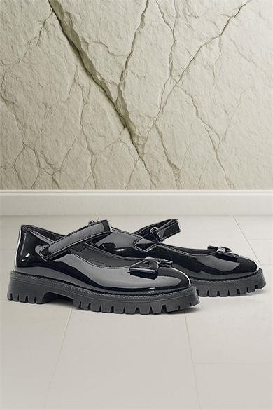 Rakerplus Siyah Rugan Kalın Tabanlı Cırtlı Kız Çocuk Babet