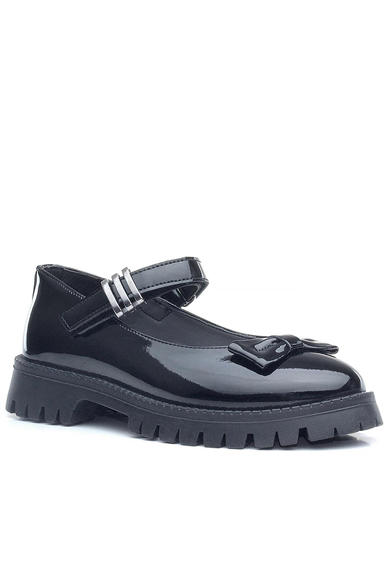 Rakerplus Siyah Rugan Kalın Tabanlı Cırtlı Kız Çocuk Babet Okul Ayakkabı