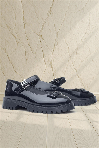 Rakerplus Siyah Rugan Kalın Tabanlı Cırtlı Kız Çocuk Babet Okul Ayakkabı