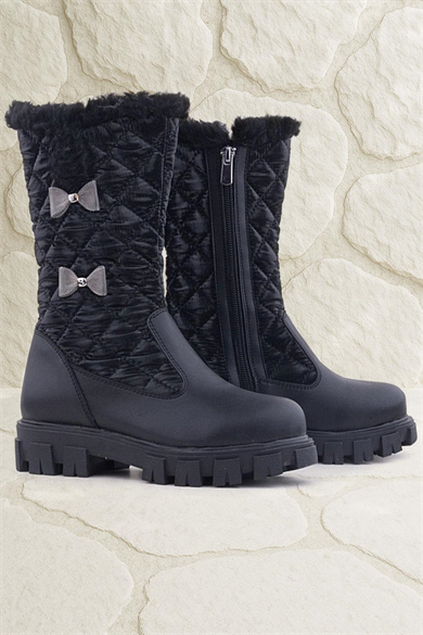 Rakerplus Siyah Uzun Fermuarlı Kurdeleli Kız Çocuk Yağmur Çizmesi