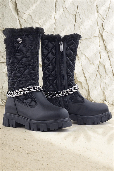 Rakerplus Siyah Uzun Fermuarlı Zincir Detaylı Kız Çocuk Yağmur Çizmesi