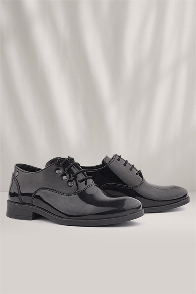 Rakerplus Smokin Siyah Rugan Bağcıklı Metal Detaylı Çocuk Klasik Ayakkabısı