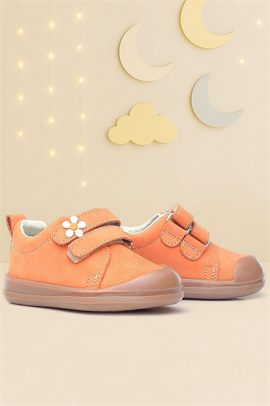 Rakerplus Sonic Hakiki Deri Turuncu Cırtlı Çiçekli Kız Bebek Sneaker Ayakkabı