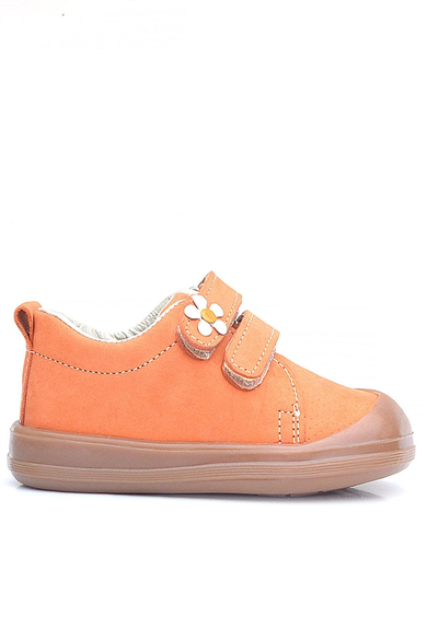 Rakerplus Sonic Hakiki Deri Turuncu Cırtlı Çiçekli Kız Bebek Sneaker Ayakkabı