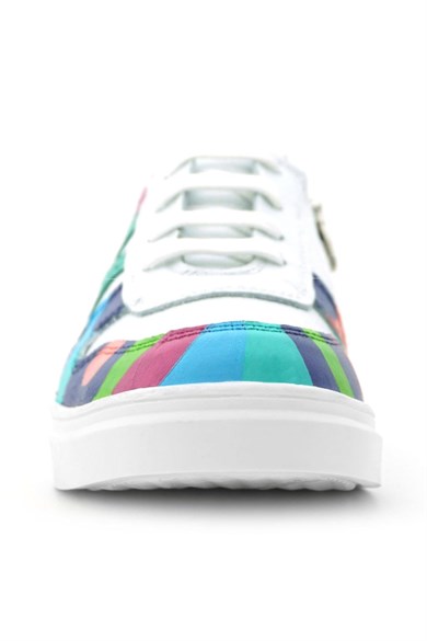 Rakerplus Tbons Özel Tasarım Hakiki Deri Beyaz Yeşil Bağcıklı Fermuarlı Çocuk Sneaker