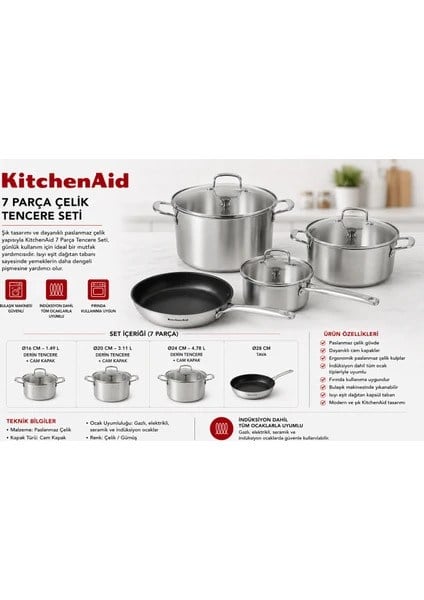 KitchenAid7 Parça Çelik Tencere Seti