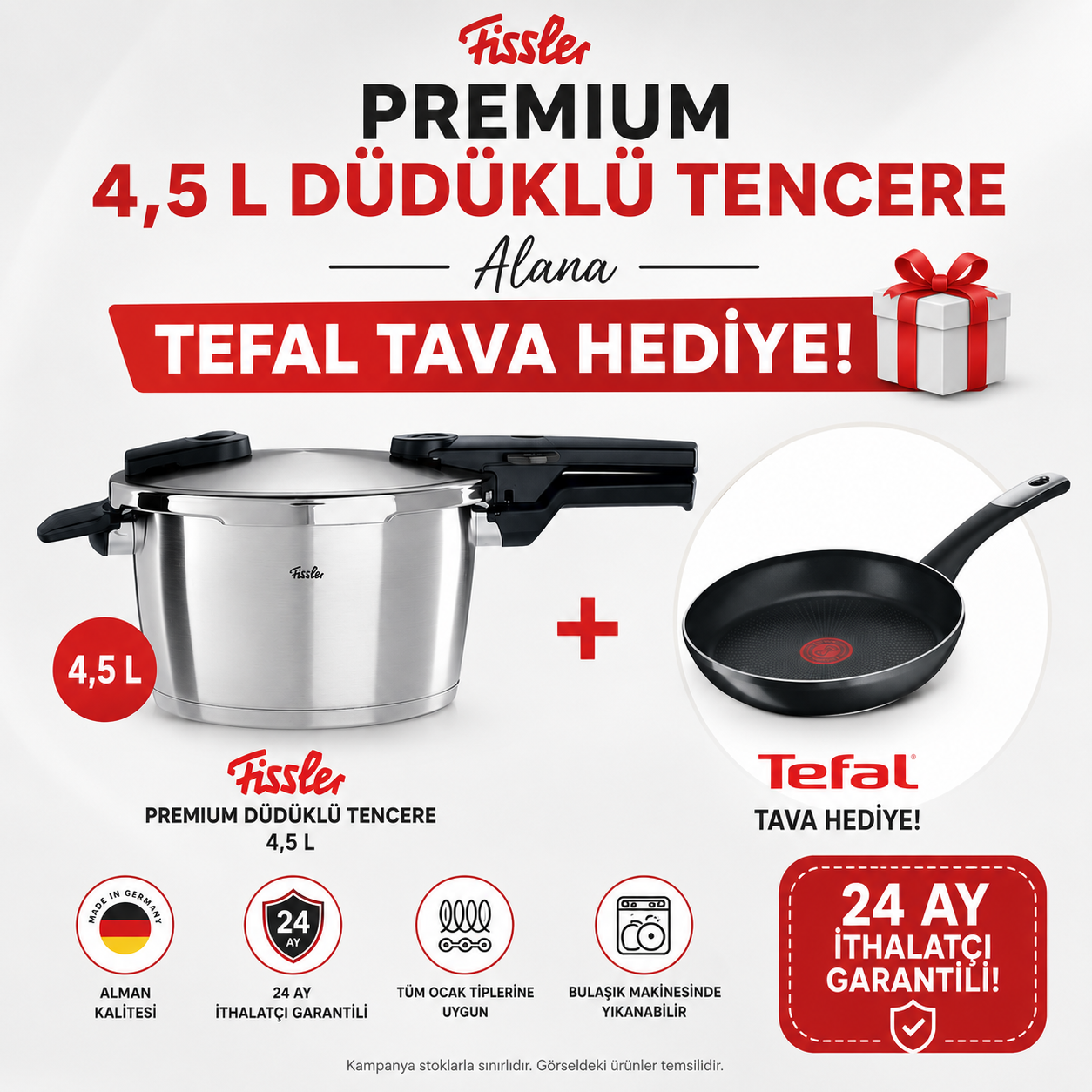 FisslerFissler Premium 4,5lt buhar aparatlı + Tefal Hard Titanium 2X Essential 24 cm Tava (Hediye)