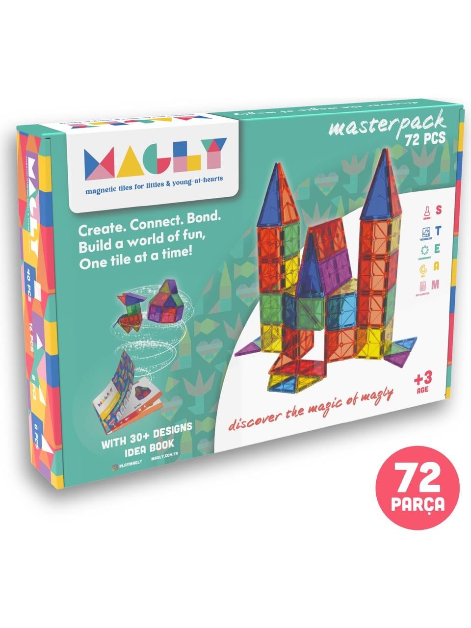 MaglyMagly Manyetik Yapı Blokları – Çocuklar Için Renkli 3 Boyutlu 72 Parça Manyetik Karo Oyun Seti