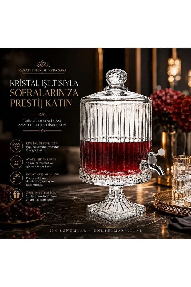 UCUZUNABAKRoyal Crystal 4,5 LT Kristal Desenli Lüx Cam Sebil – Musluklu Ayaklı Limonata & İçecek Dispenseri