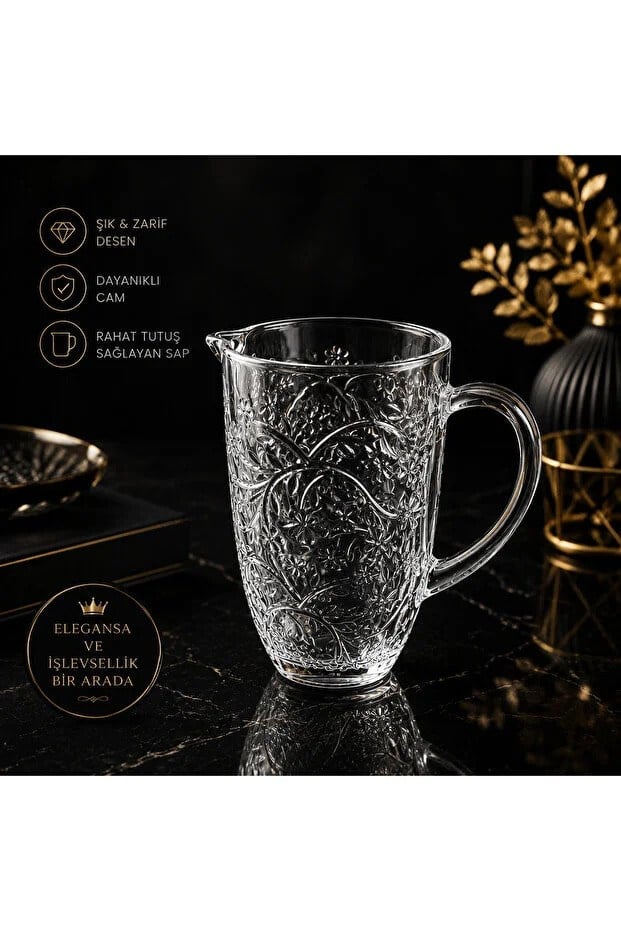 UCUZUNABAKVintage Çiçek Kabartma Desenli Şeffaf Cam Sürahi