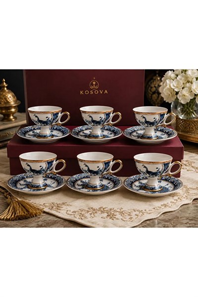 UCUZUNABAKPremium Collection Ayaklı 6'lı Türk Kahvesi Fincan Takımı Mavi Gold Desenli Kutulu Lüx Kahve Seti