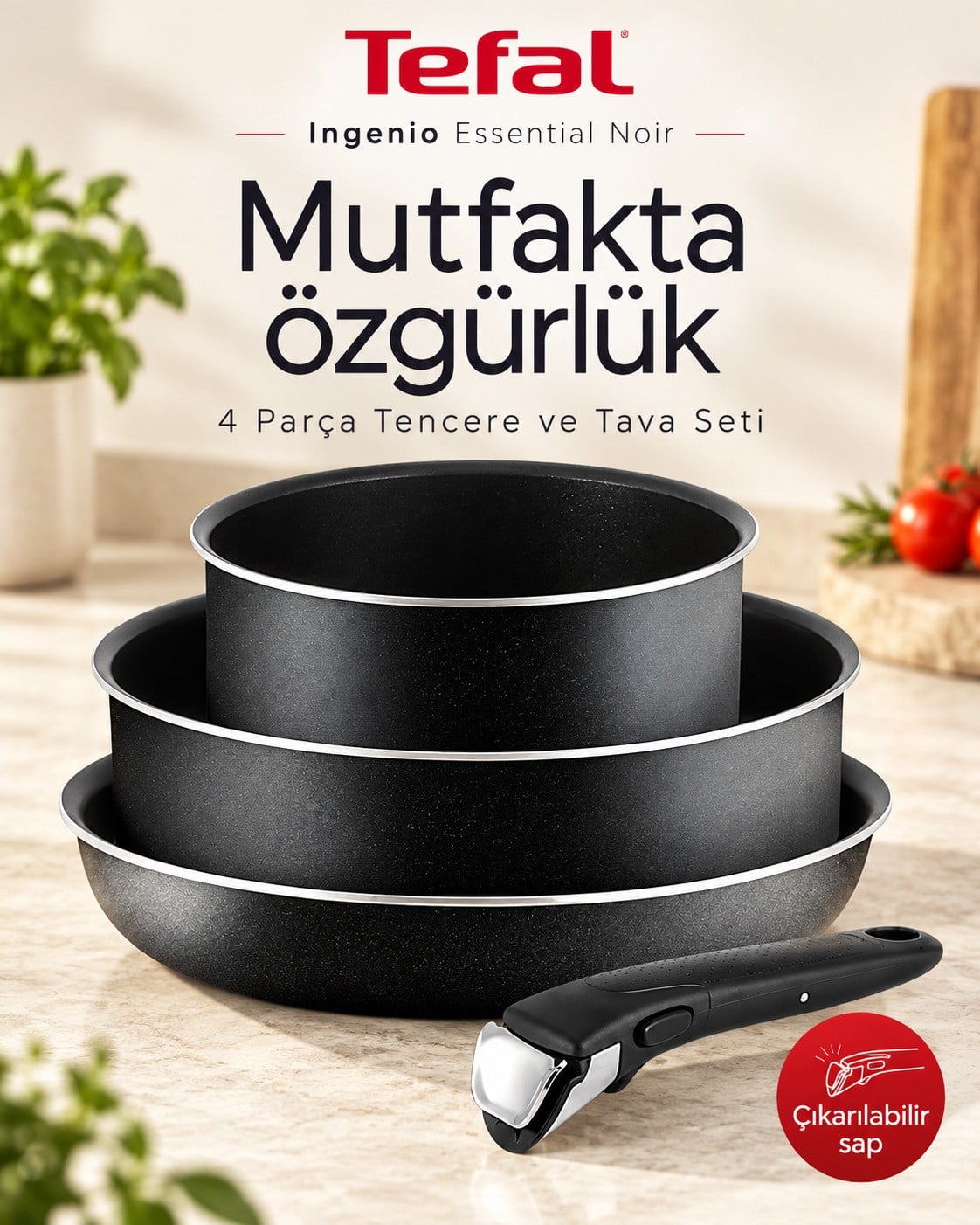 TefalIngenio Essential Noir 4 Parça Çıkarılabilir Saplı Tencere ve Tava Seti – L2006502