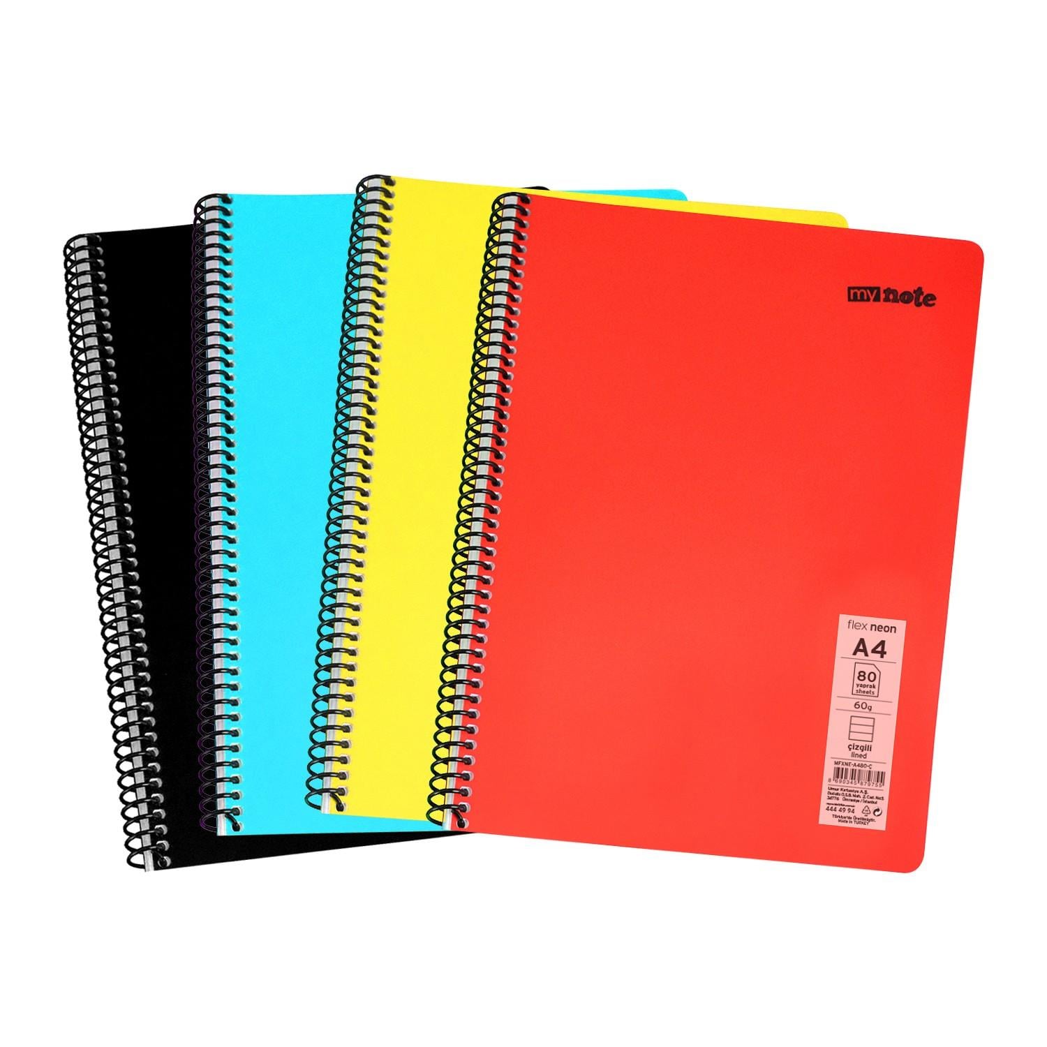 Mynote Flex Neon Defter A4 80 Sayfa 4'lü Defter Seti (2 Kareli + 2 Çizgili)