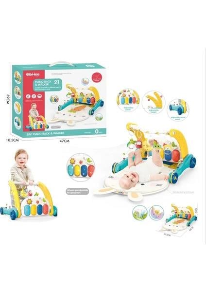 VardemPiyanolu 2 In 1 Bebek Yürüteci ve Tavşan Desenli Mavi Oyun Halısı