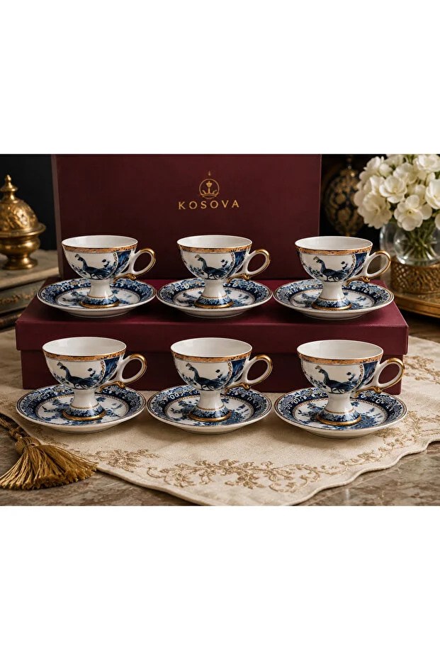 UCUZUNABAKPremium Collection Ayaklı 6'lı Türk Kahvesi Fincan Takımı Mavi Gold Desenli Kutulu Lüx Kahve Seti