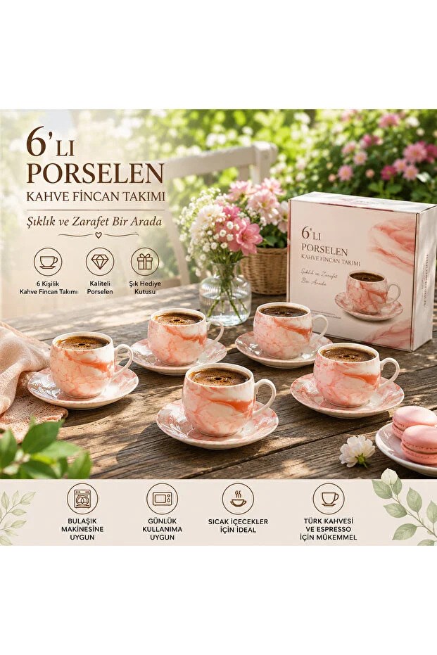 UCUZUNABAKRose Coral Marble 6'lı Porselen Kahve Fincan Takımı