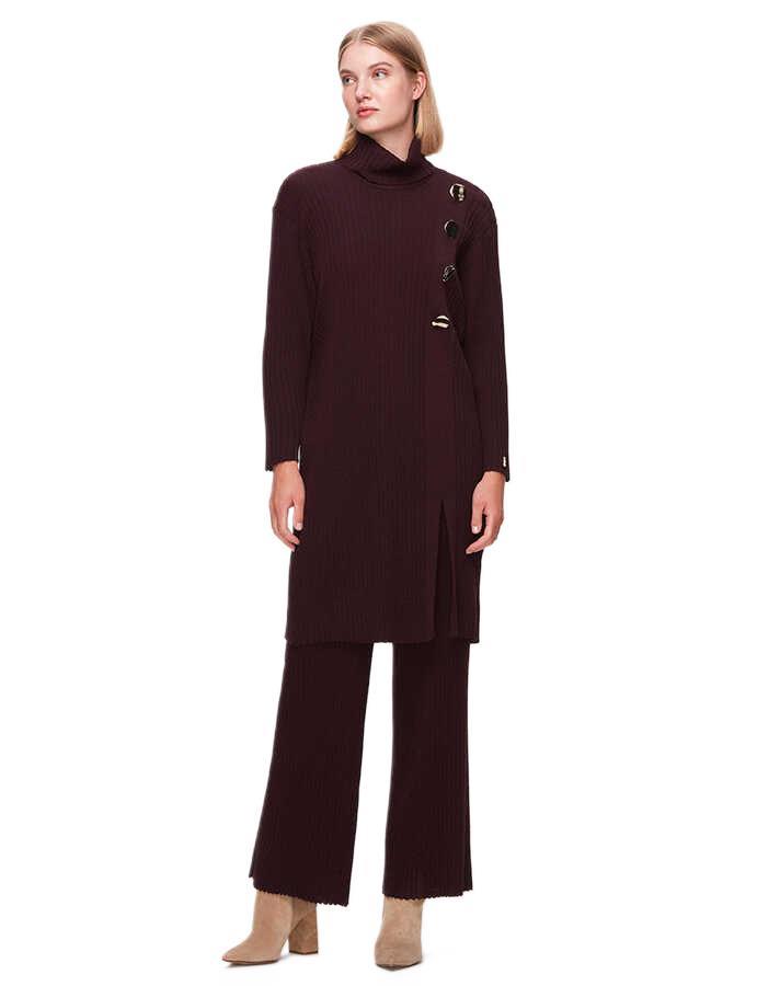 Miss Dalida Bordo Kalın Fitilli Bol Paça Triko Pantolon T25K-7008