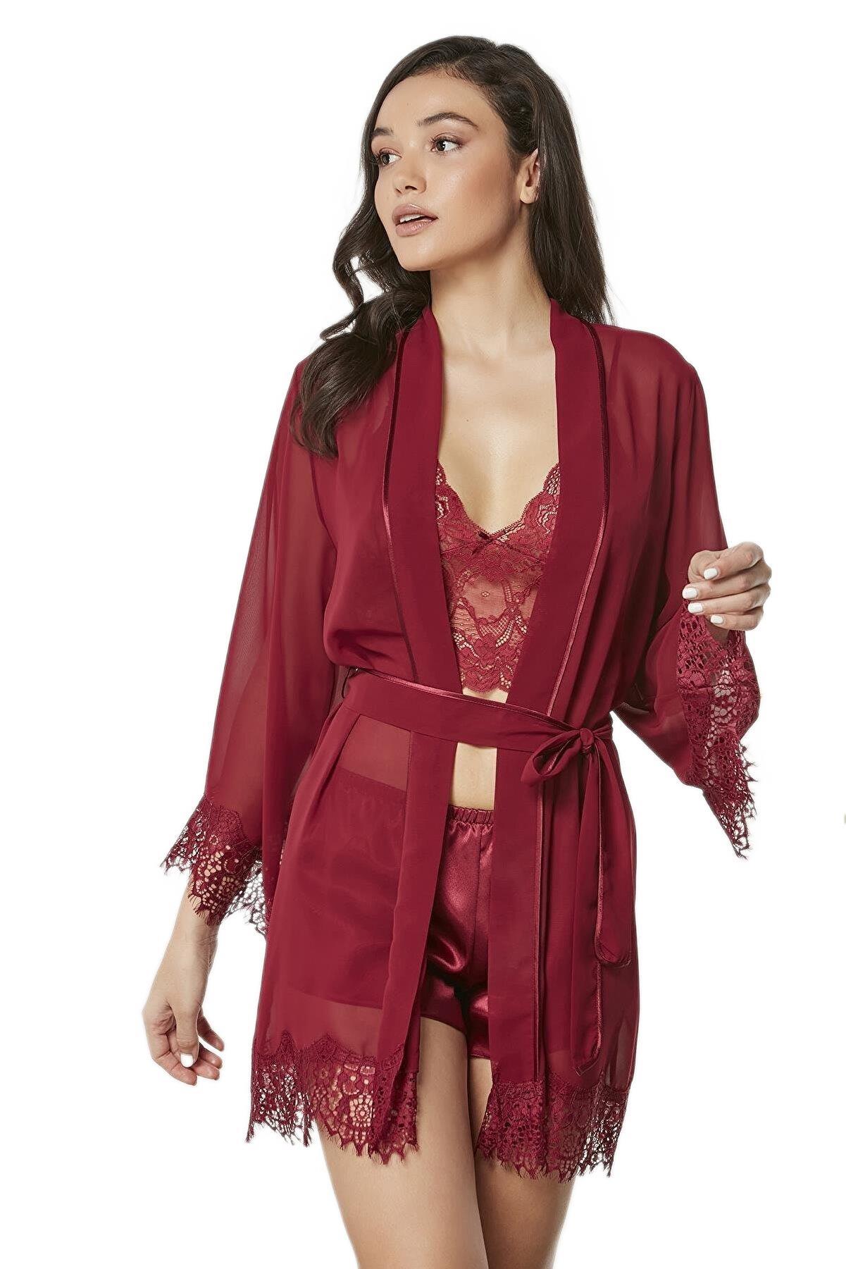 Pierre Cardin Kadın Bordo Saten Dörtlü Çeyiz Seti 7005
