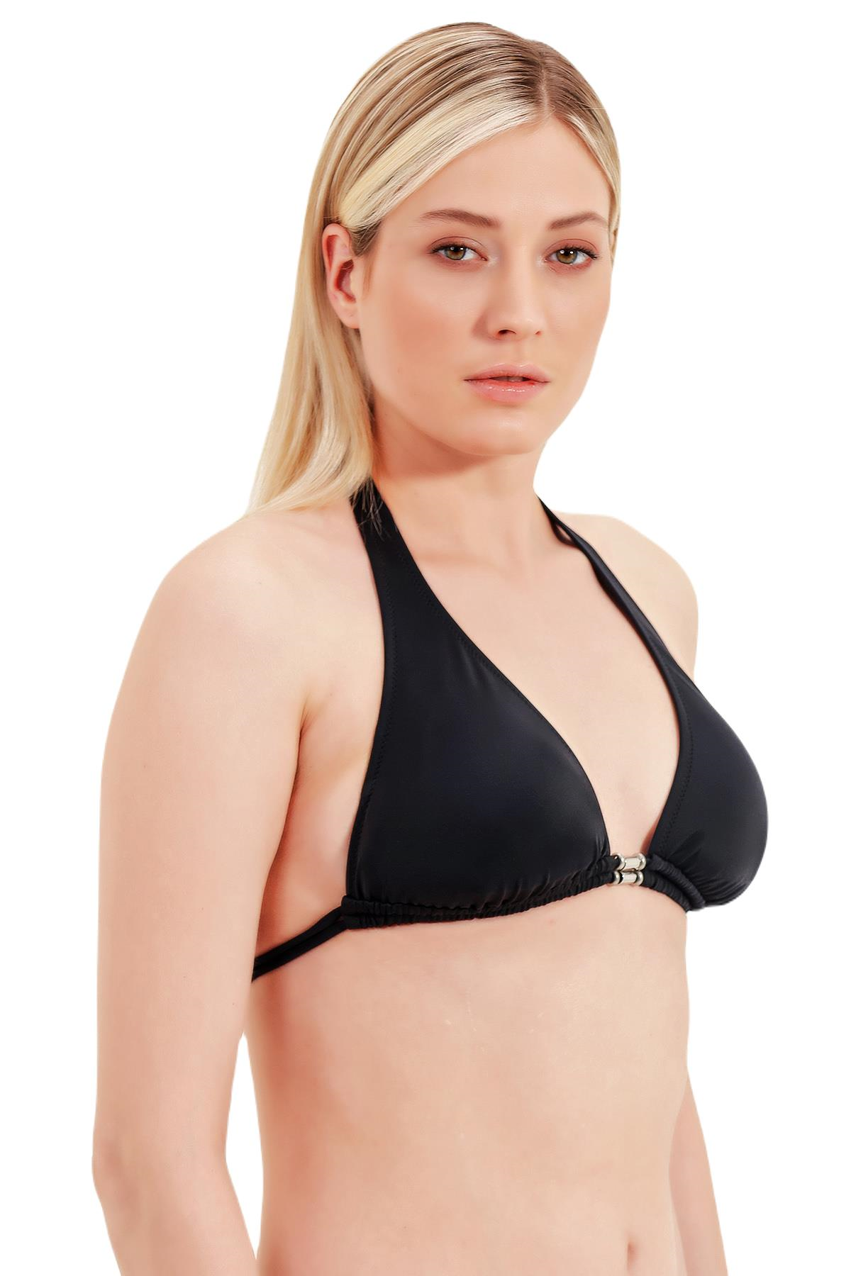 Zeki Aksesuar Detaylı Boyundan Bağlamalı Siyah Bikini Üst 